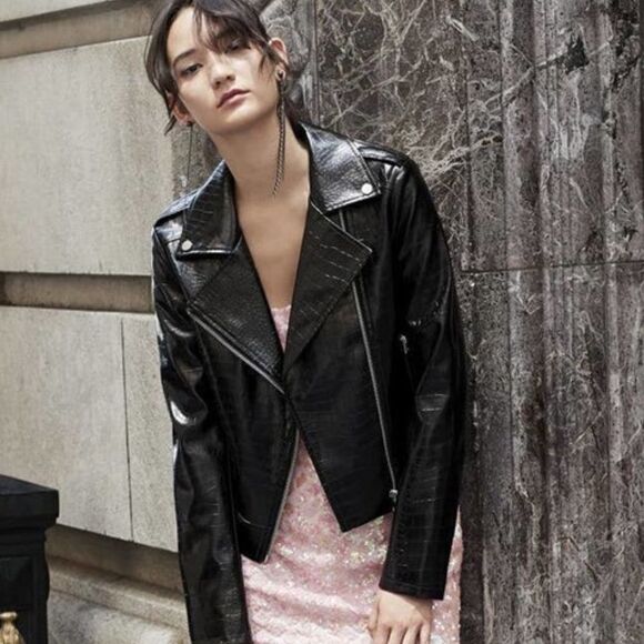 Topshop Croc Embossed Faux Leather Jacket - Picture 2 of 8